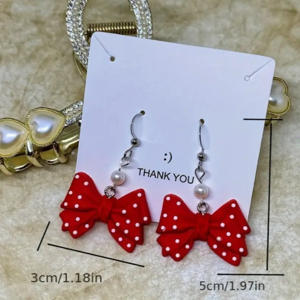Disney Minnie Mouse Red White Polka Dot Bow Dangle Earrings Faux Pear - Picture 4 of 6